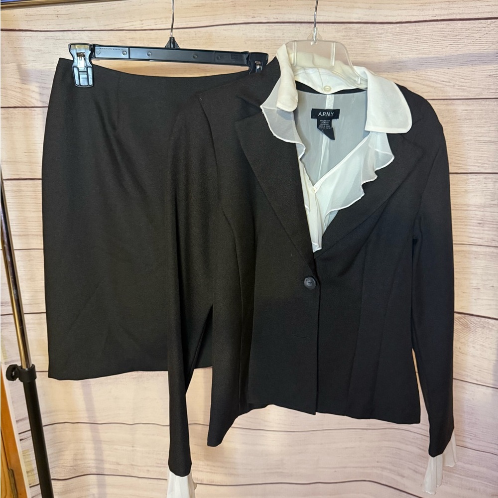 WORN ONCE grey 3-piece skirt suit with white ruffled removable undershirt